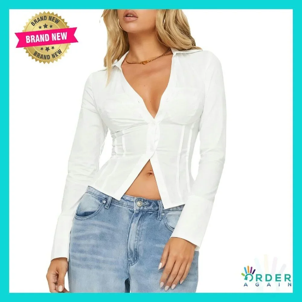 Y2K Slim Fit Button Up Shirt Long Sleeve V Neck Crop Blouse Preppy Streetwear